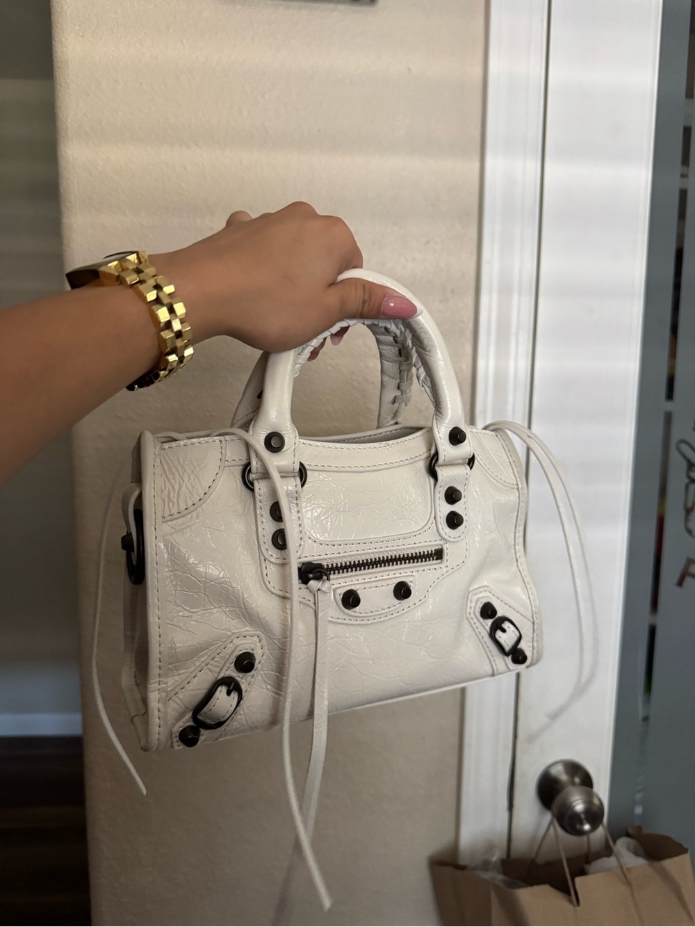 Balenciaga White Mini City Satchel with Black Stud Hardware